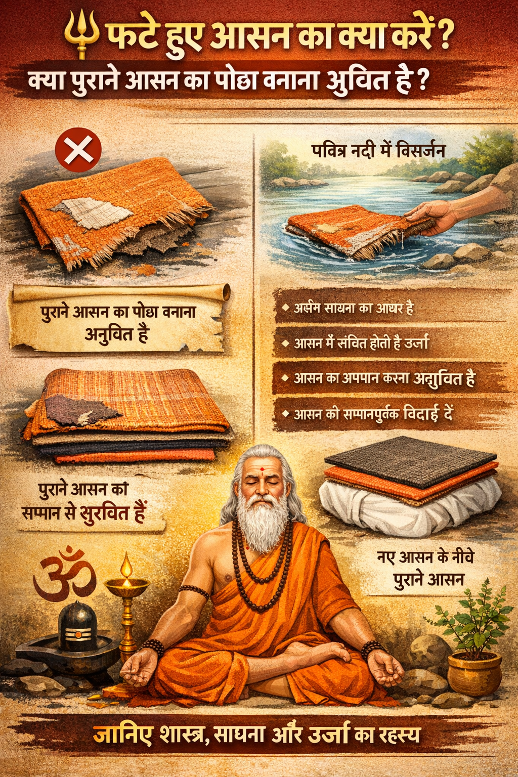 🔱 फटे हुए आसन का क्या करें? क्या पुराने आसन का पोछा बनाना उचित है? जानिए शास्त्र, साधना और ऊर्जा का रहस्य