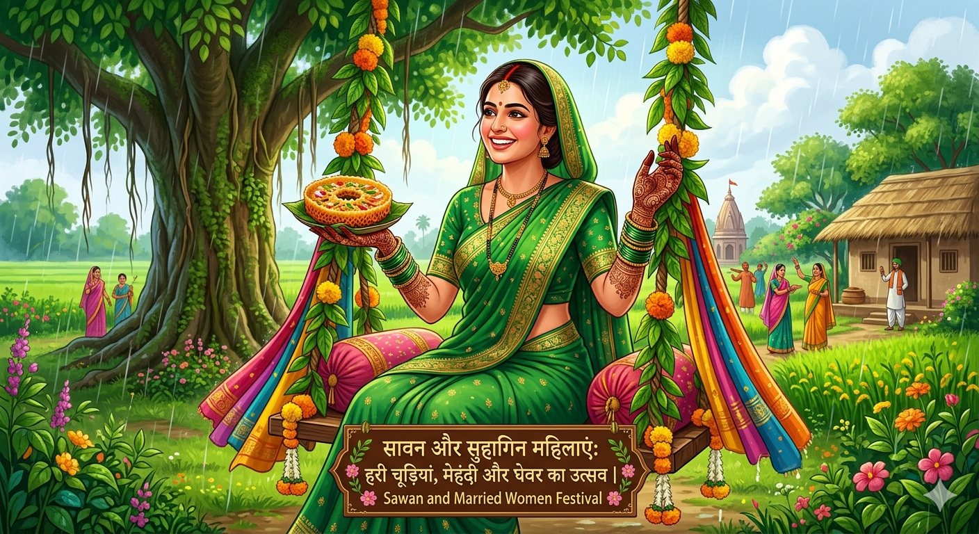 सावन और सुहागिन महिलाएं: जानिए सावन के महीने में हरी चूड़ियां, मेहंदी और घेवर का धार्मिक व वैज्ञानिक महत्व